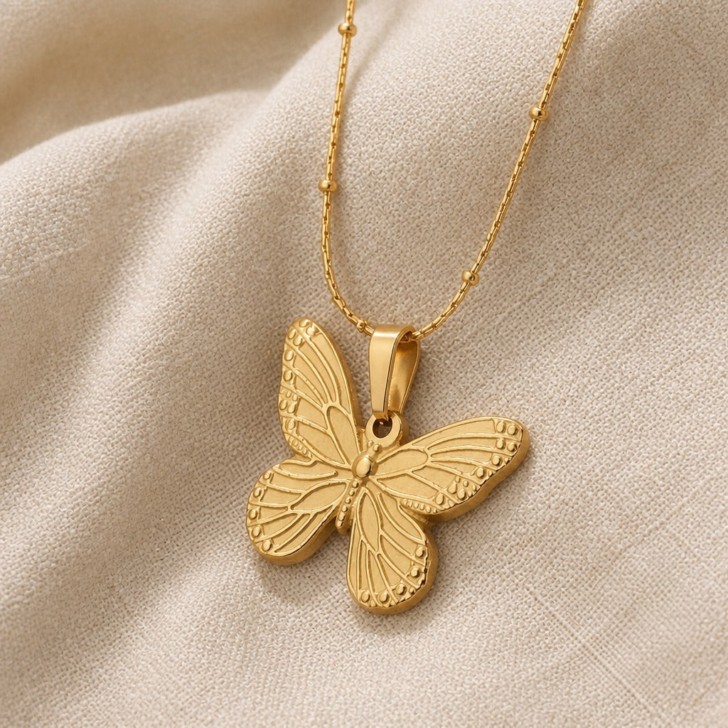 Butterfly Pendant Necklace in 18K Gold Plated Stainless Steel with Beaded Chain — main image