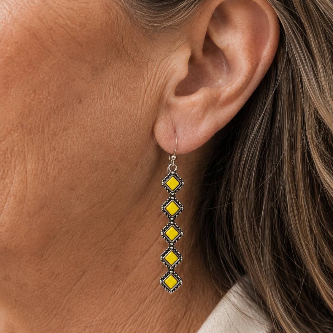 Yellow Square Stone Cascade Drop Earrings with Silver-Tone Frame — main image