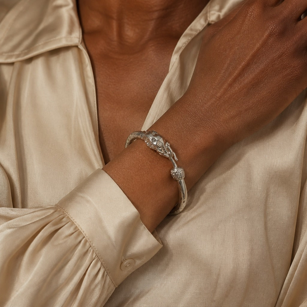 Elephant Cuff Bracelet with Bead Charm, Silver Tone Finish — main image
