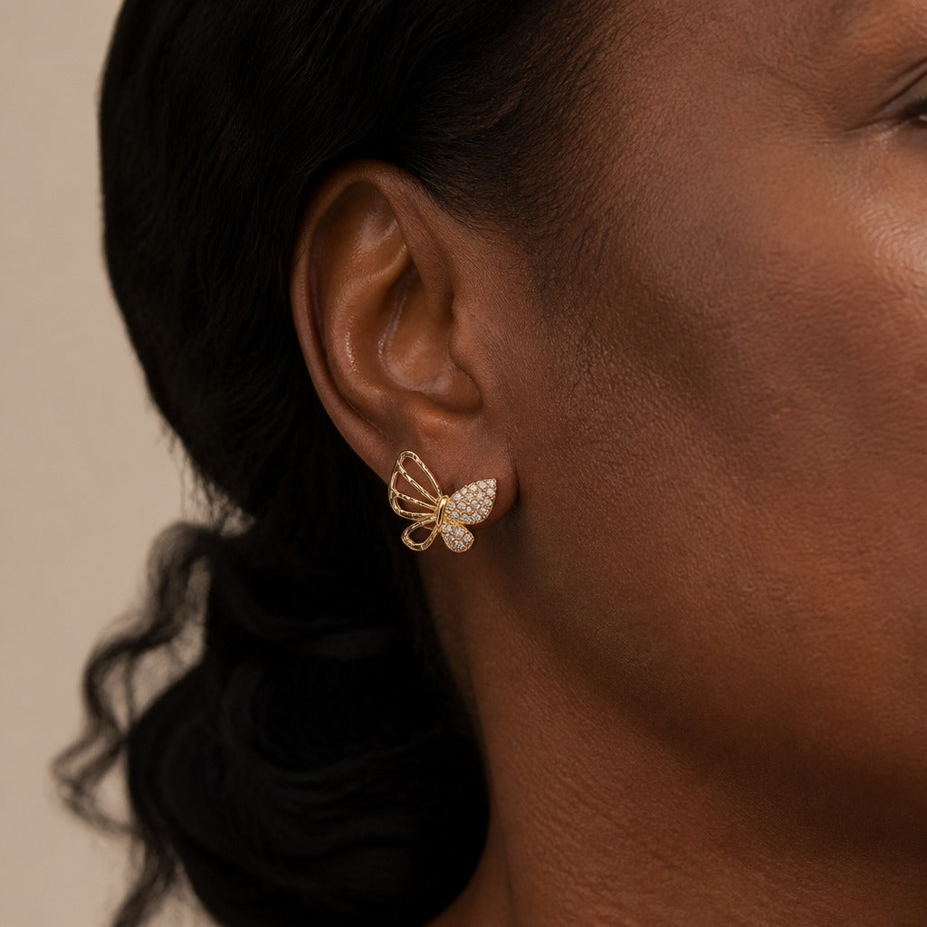 Butterfly Zircon Stud Earrings with Hollow Gold-Tone Open-Work Design — main image