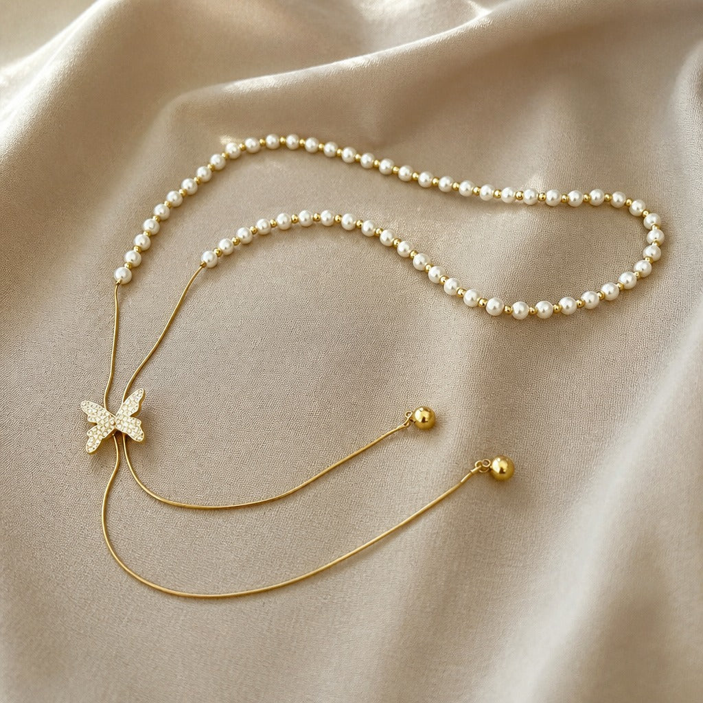 Crystal Butterfly Pendant Necklace with Pearl Lariat Chain — view 2