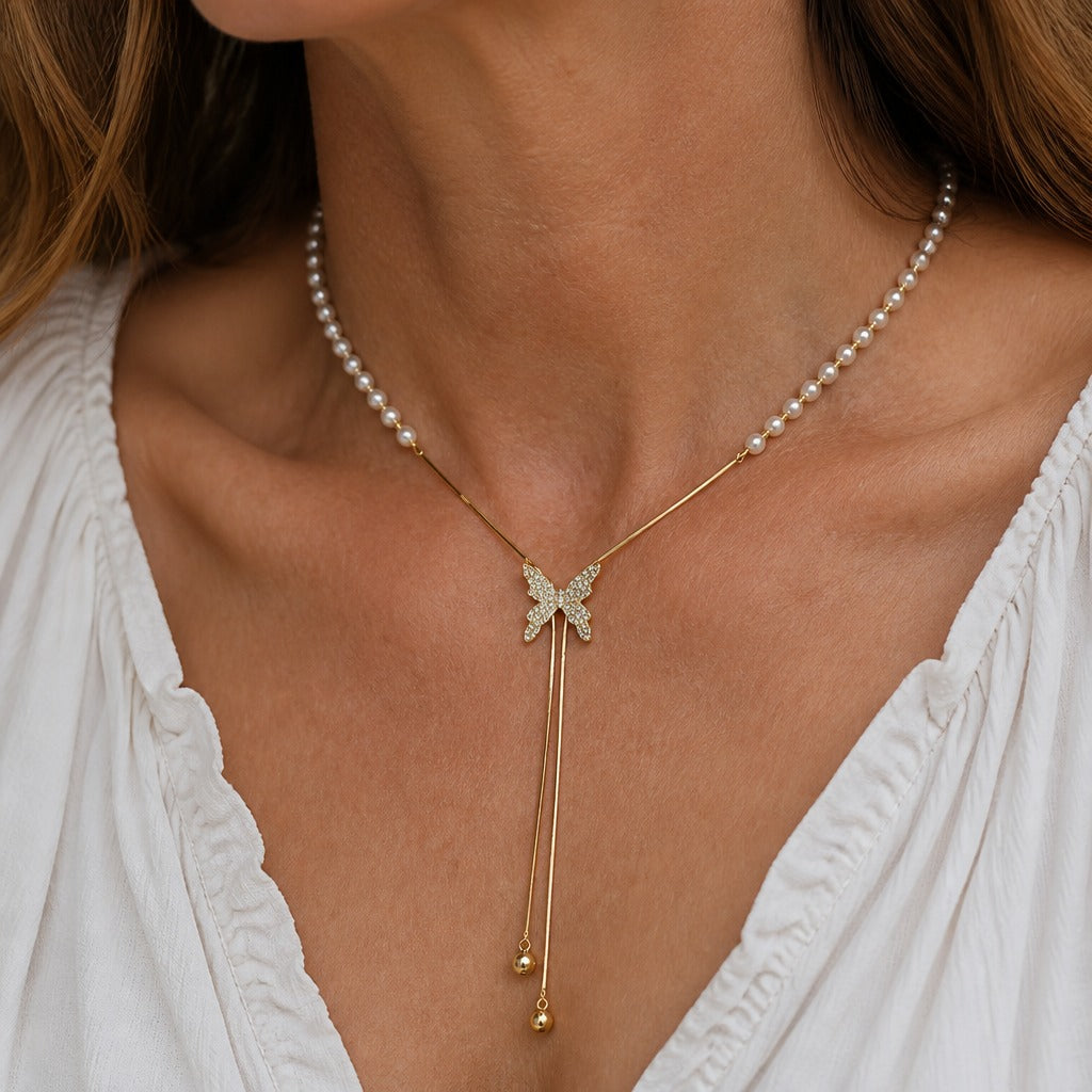 Crystal Butterfly Pendant Necklace with Pearl Lariat Chain — main image