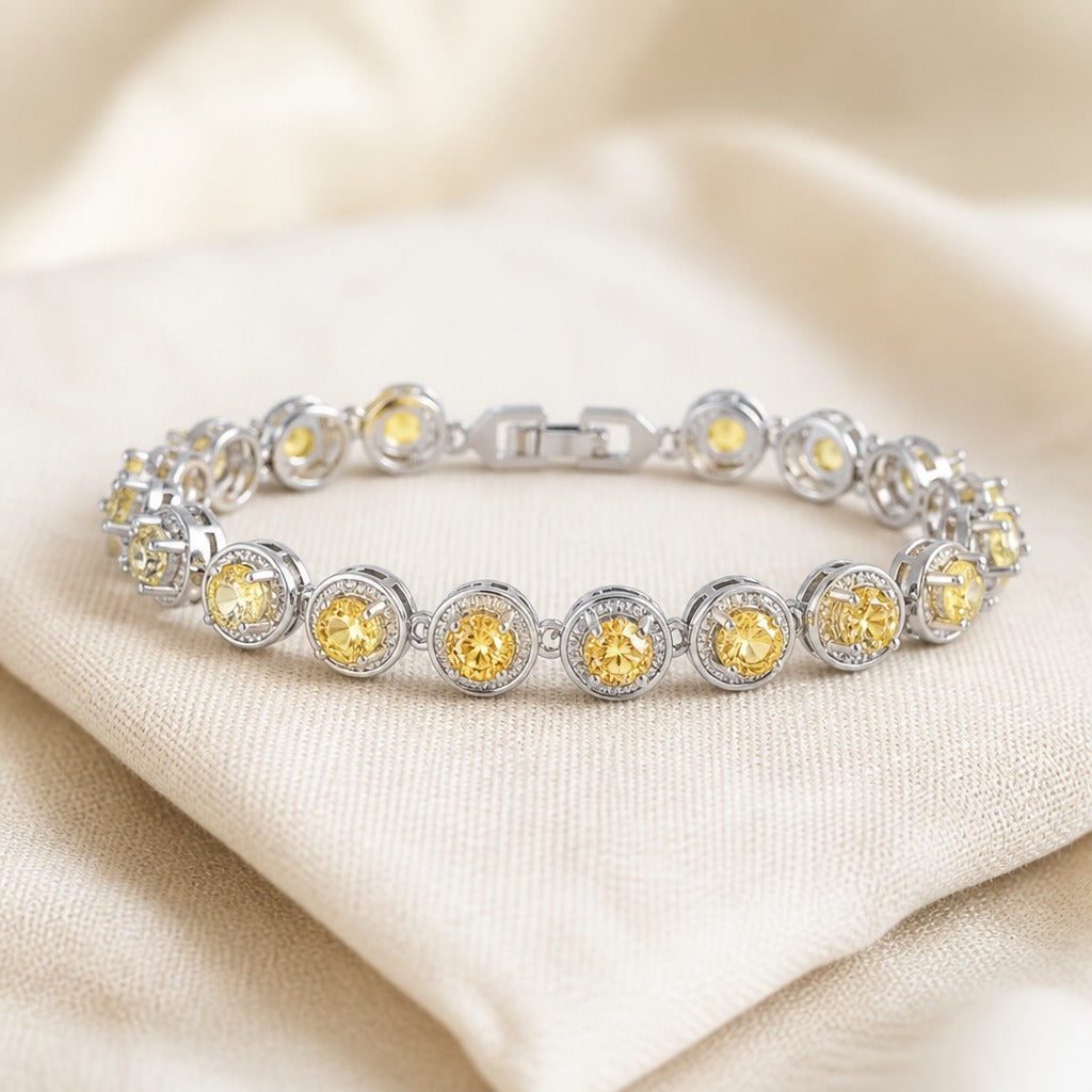 Round Yellow Cubic Zirconia Tennis Bracelet in Silver Tone — main image