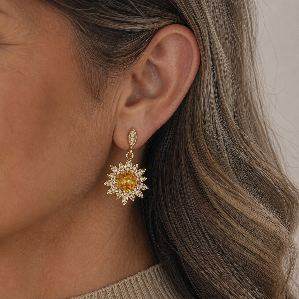 Sunflower Amber Drop Earrings with Crystal Petal Accents — main image