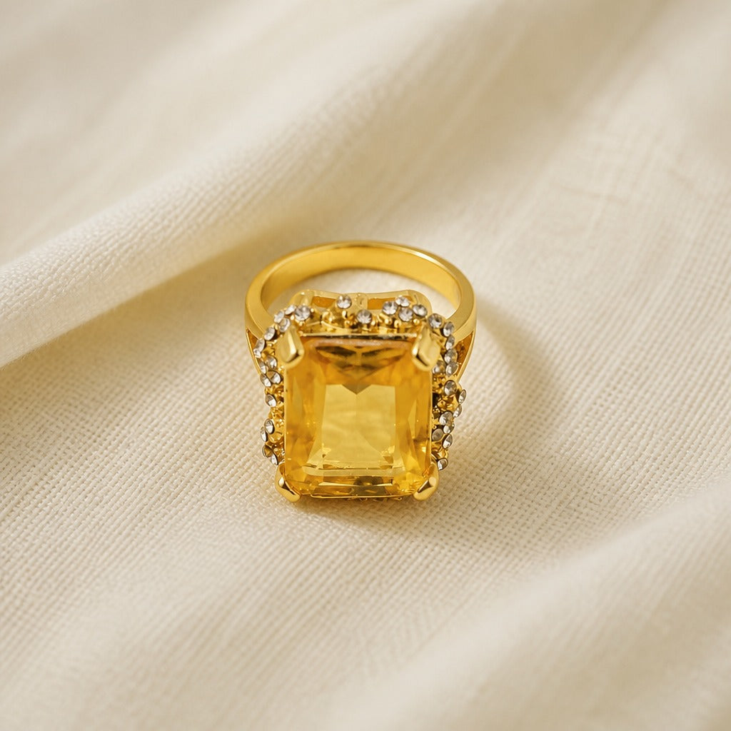 Emerald-Cut Amber Cocktail Ring with Geometric Mosaic Halo, Gold-Tone Band — main image