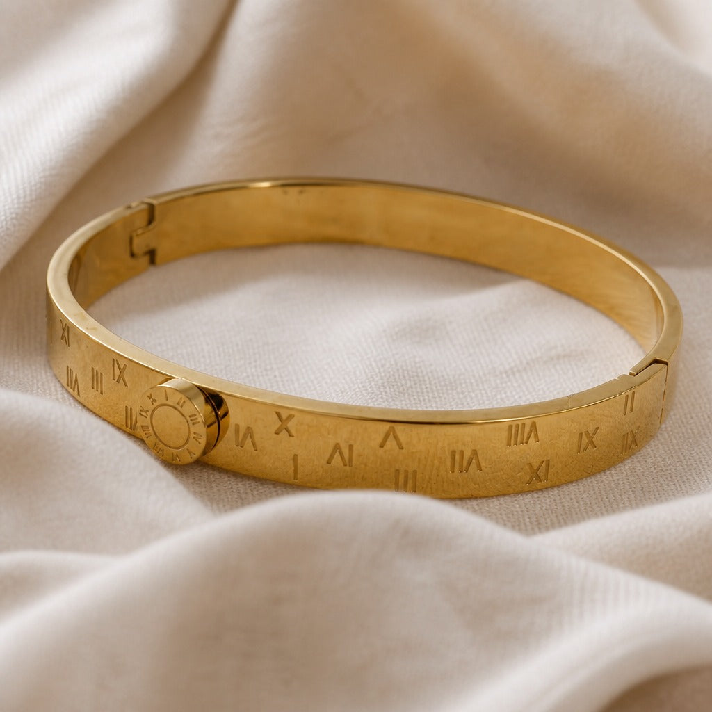 Roman Numeral Disc Bangle Bracelet with Gold-Tone Stainless Steel Finish and Hinged Closure — main image