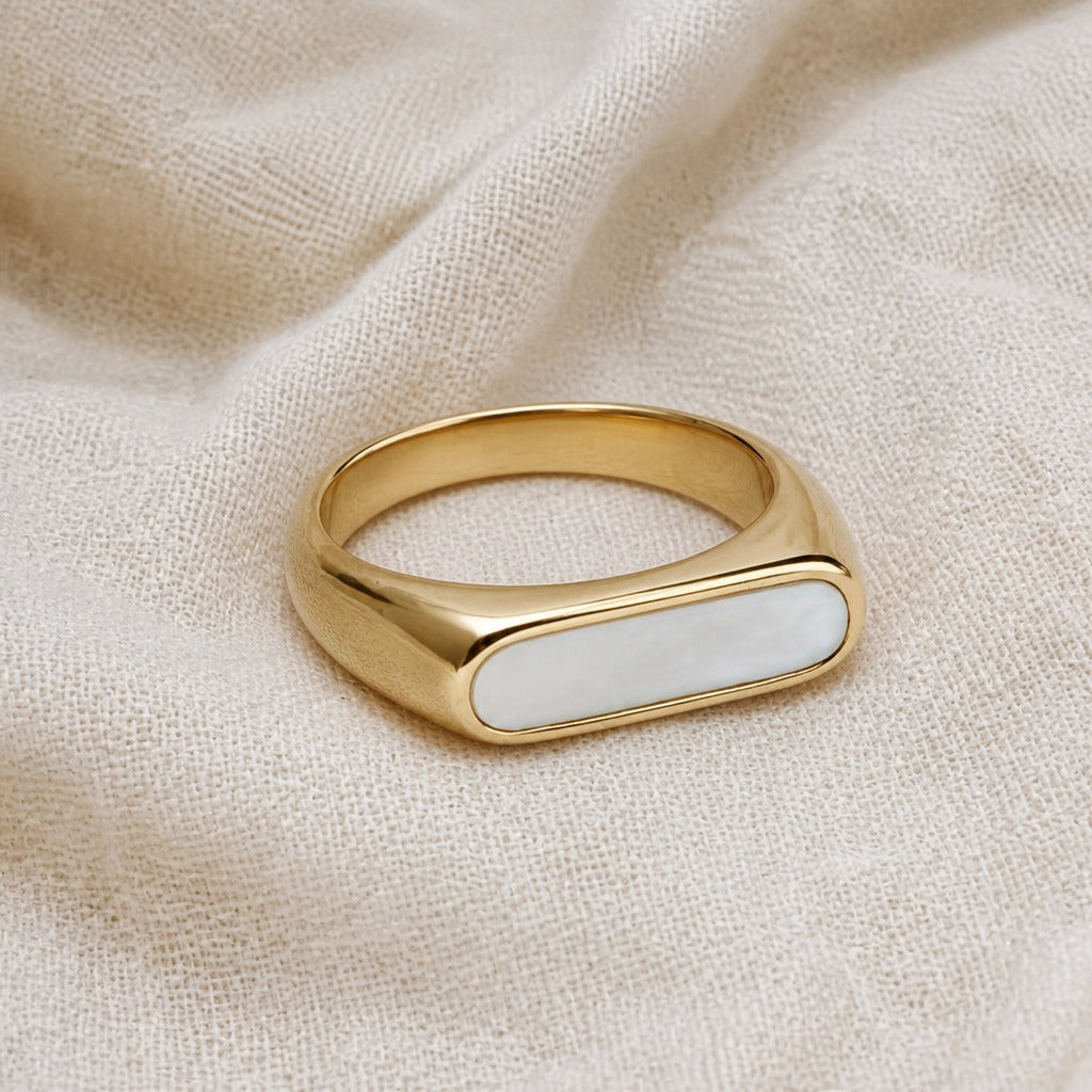 Oval White Enamel Signet Ring with 14K Gold-Plated Copper Band — main image
