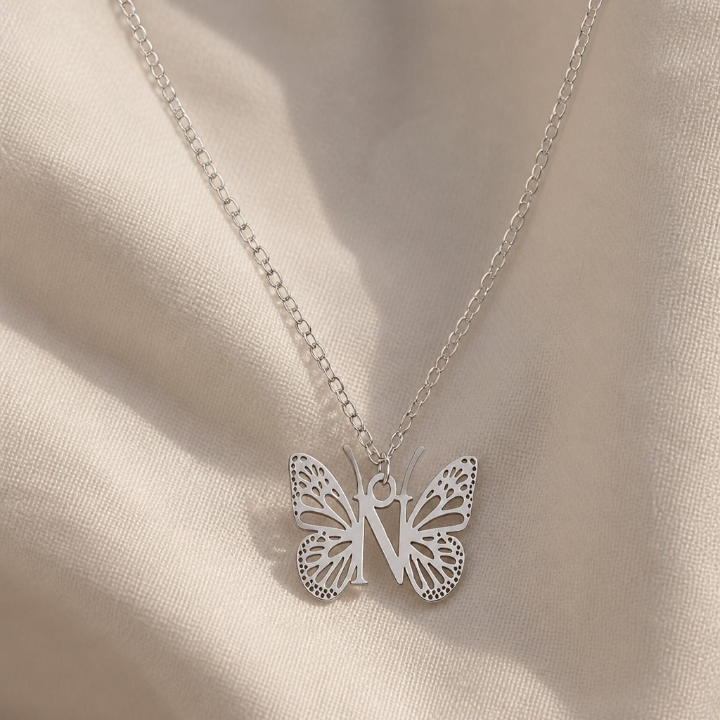 Butterfly Initial Letter Pendant Necklace with Filigree Wings, Gold or Silver Tone — view 29