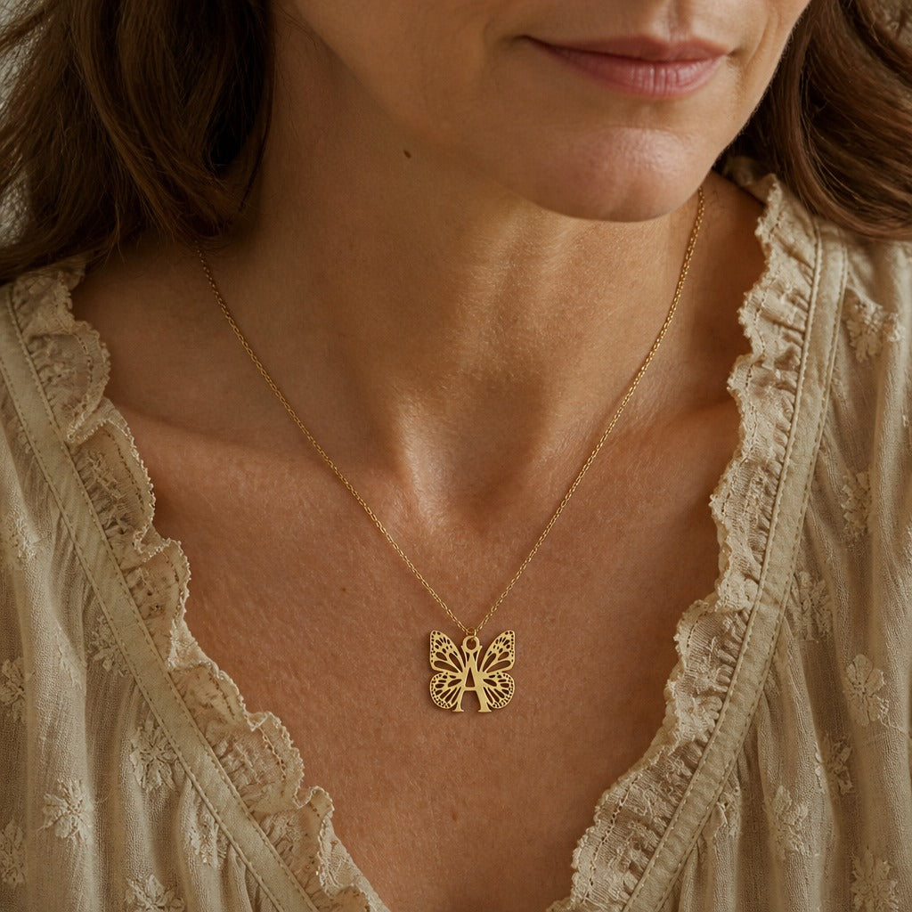 Butterfly Initial Letter Pendant Necklace with Filigree Wings, Gold or Silver Tone — main image