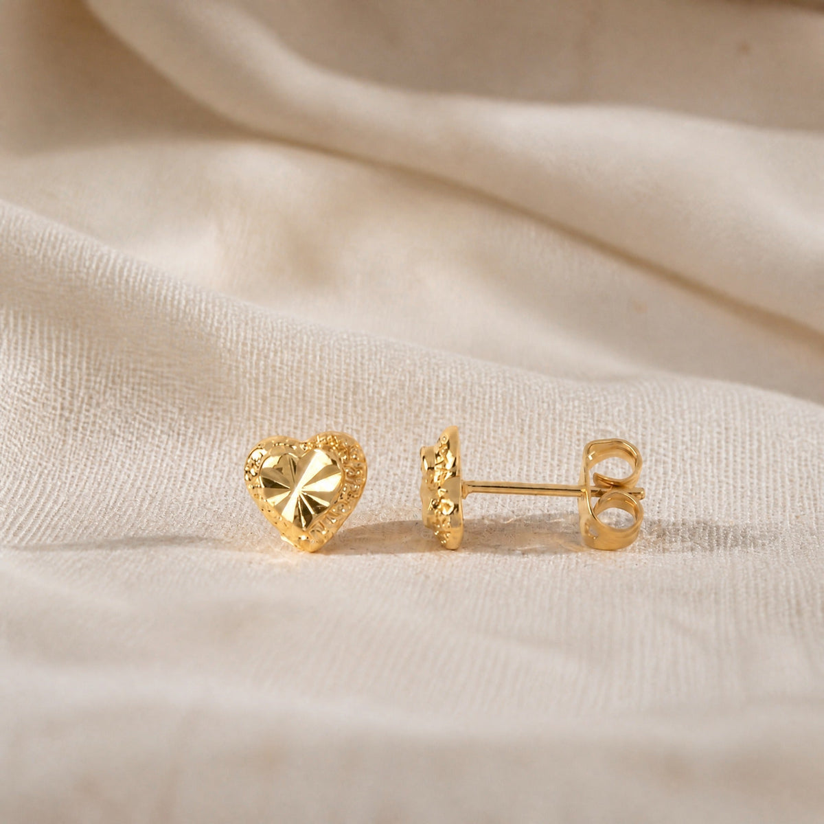 Heart Stud Earrings with Diamond-Cut Center and Textured Border — view 2
