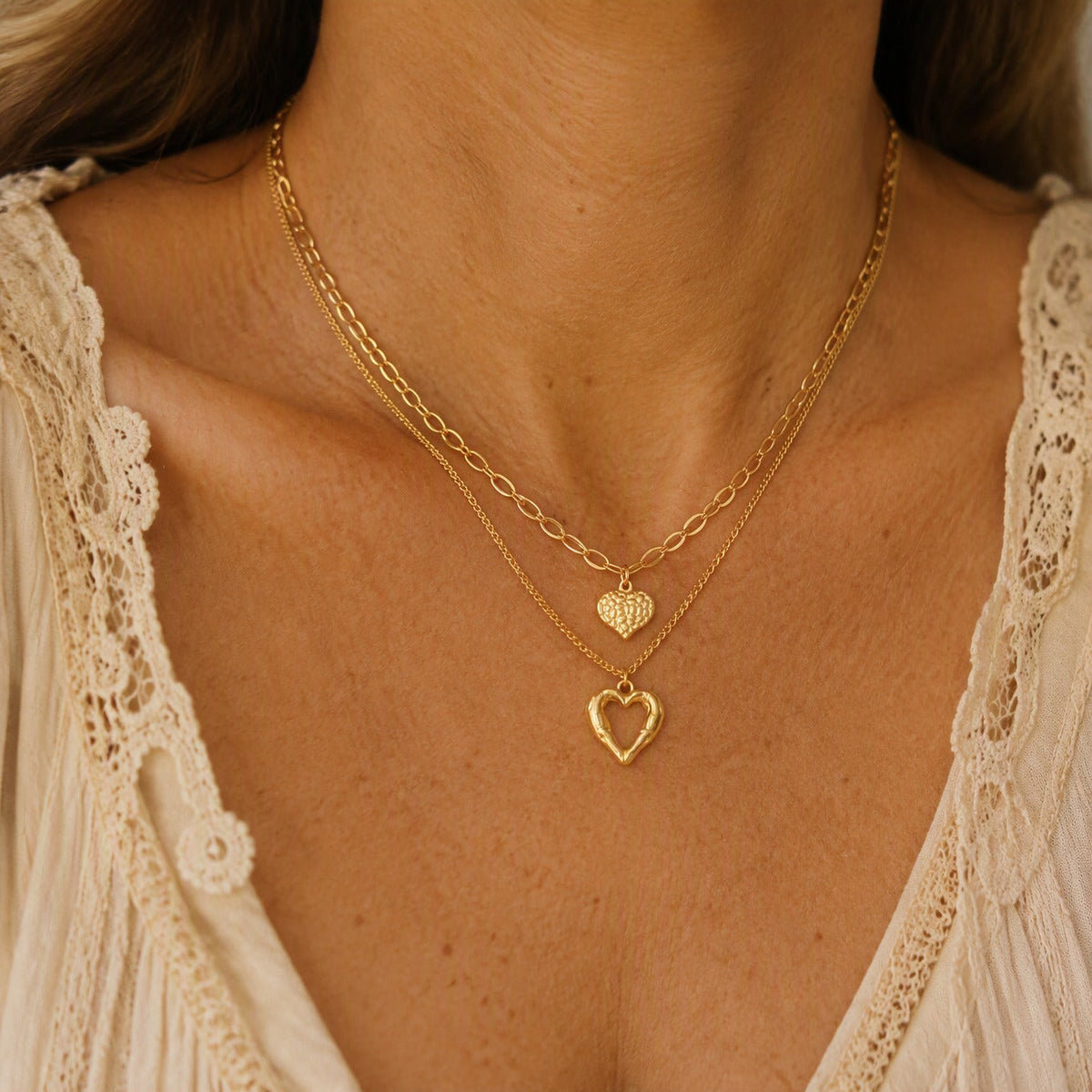 Double Heart Pendant Gold-Tone Layered Necklace with Dual Chain Design — main image