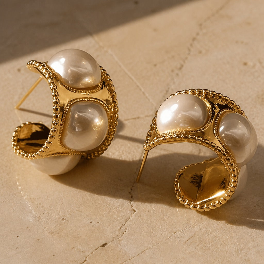Vintage-Inspired Dual Pearl Stud Earrings with Beaded Gold Frame — view 2