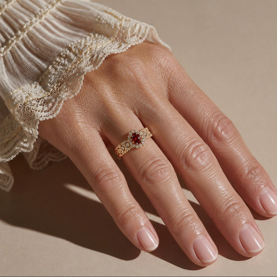 Oval Ruby-Toned Halo Cocktail Ring with Gold-Tone Filigree Band — main image