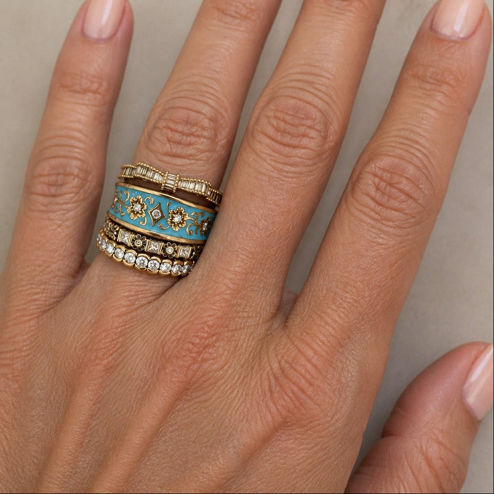 Turquoise Enamel Crystal Ring Set with Baguette Stones, Gold-Tone Vintage 4-Band — main image