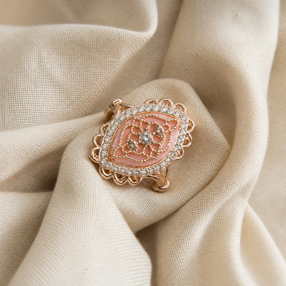 Coral Rhinestone Halo Ring with Scalloped Rose Gold-Tone Band — main image