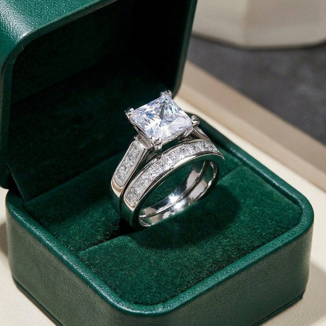 Princess-Cut Cubic Zirconia 2-Piece Ring Set with Wedding Band
