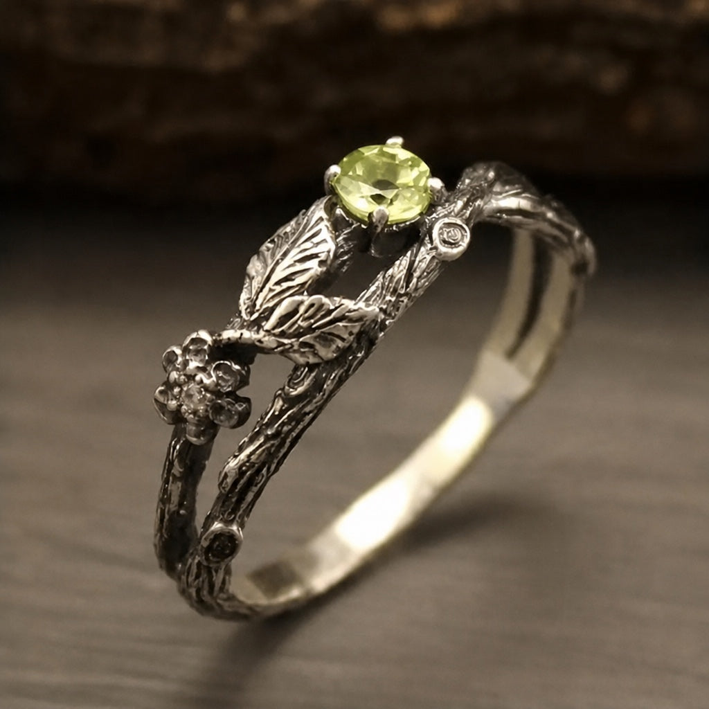 Green Cubic Zirconia Branch Ring with Leaf Detail — main image