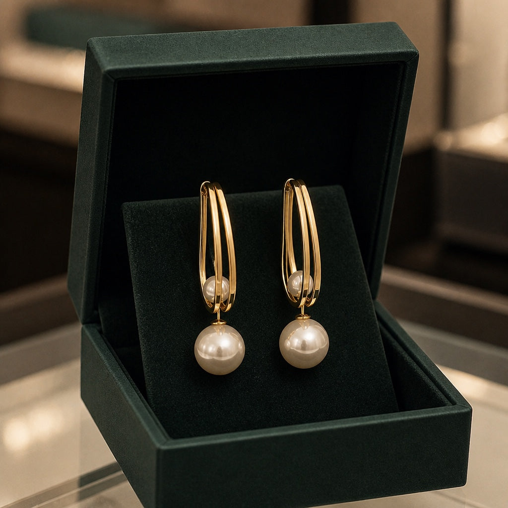 Double Hoop Pearl Drop Earrings in Gold Tone