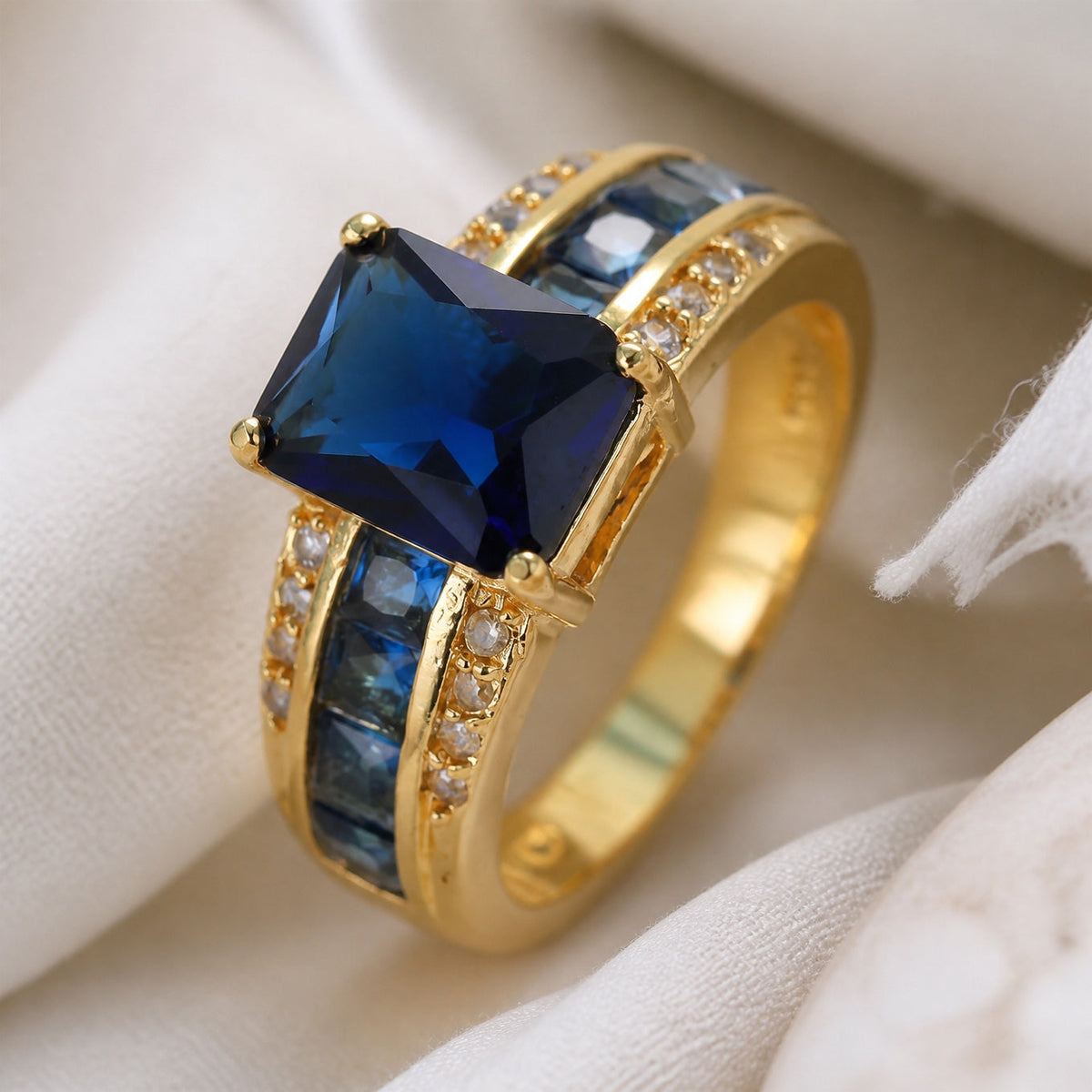 Sapphire Petal Cocktail Ring with Gold-Tone Band and Baguette Accents — main image