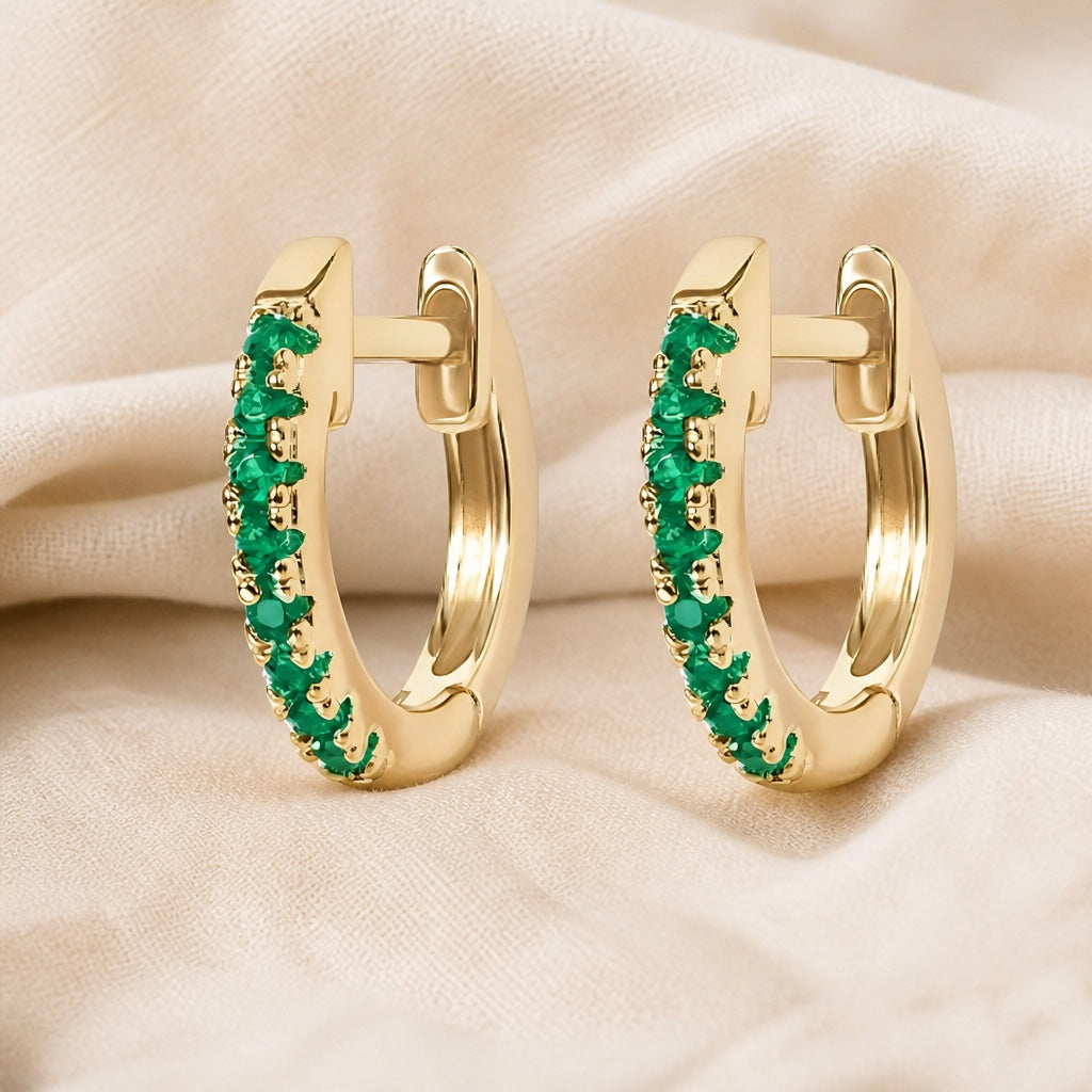 Emerald Huggie Hoop Earrings with Gold-Tone Finish, Continuous Stone Line