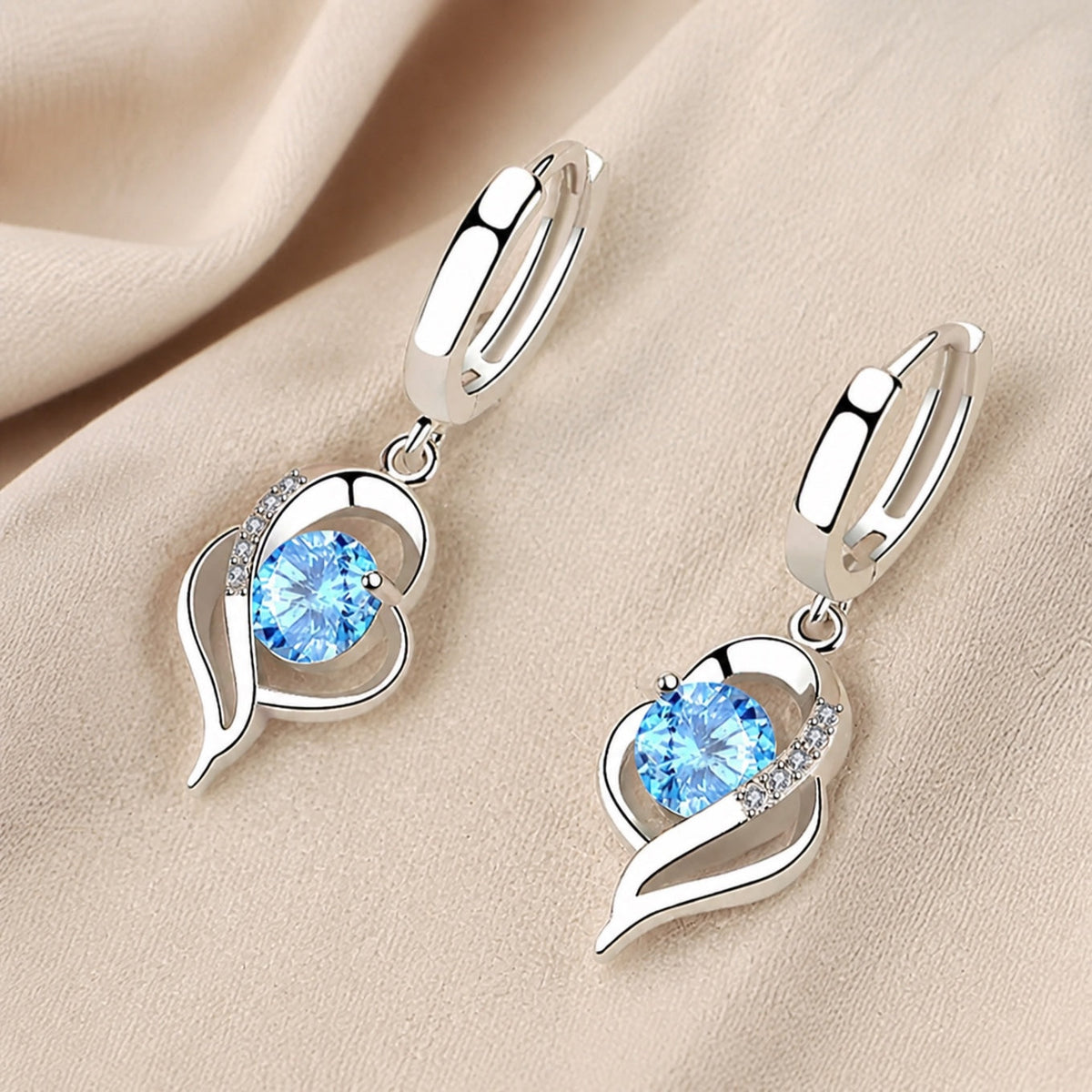 Heart-Shaped Blue Stone Drop Earrings with Crystal Accents — main image