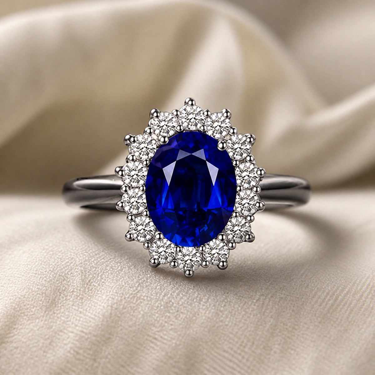 Oval Sapphire Halo Ring in Sterling Silver with Split Shank Band — main image