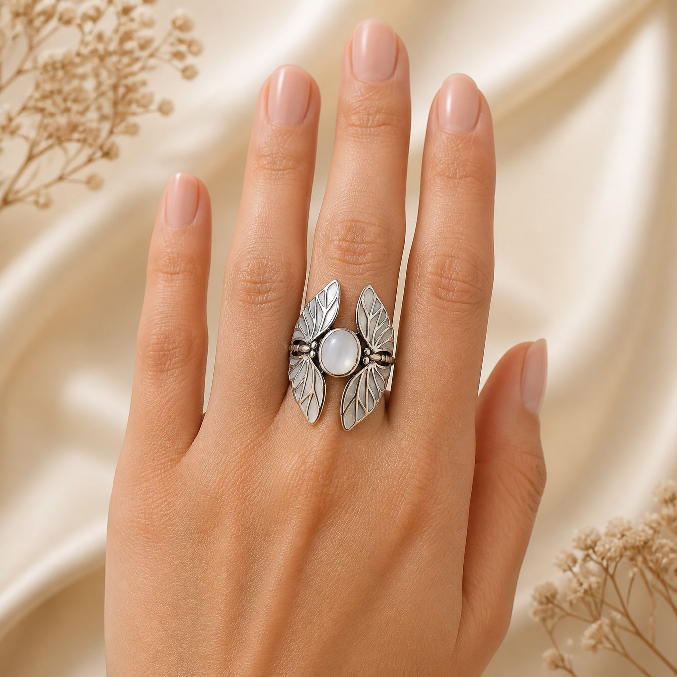Butterfly Moonstone Ring with Silver-Tone Bezel Setting