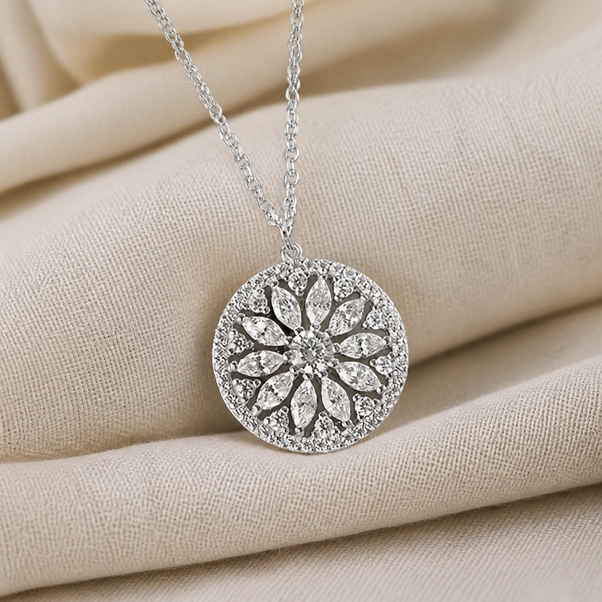 Sunflower Cubic Zirconia Pendant Necklace with Marquise Stone Setting, Gold or Silver Tone — view 2