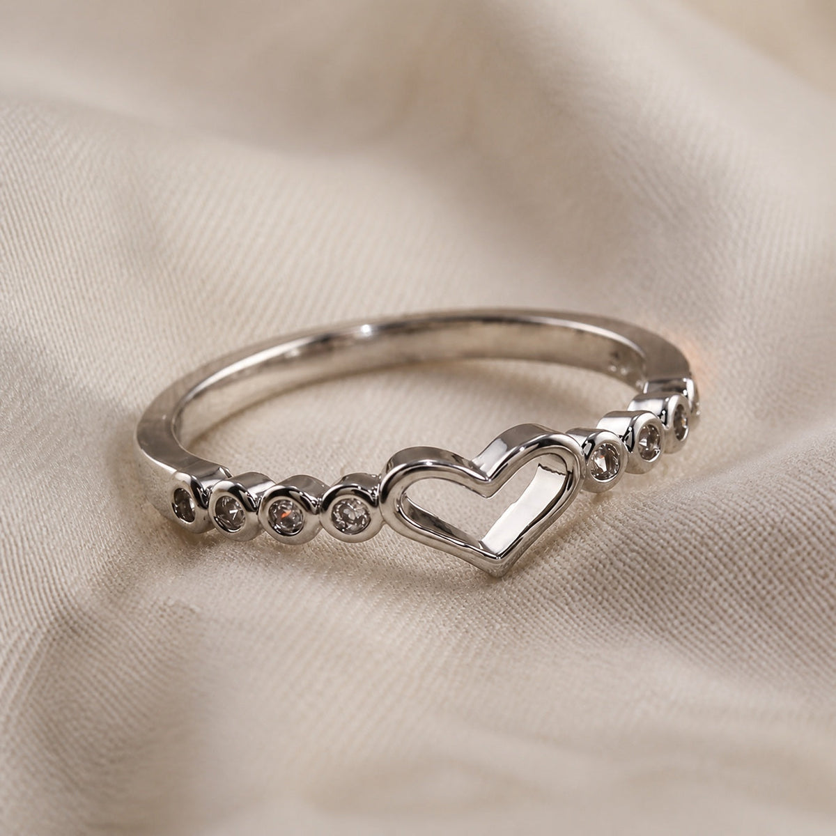 Open Heart Cubic Zirconia Ring with Silver-Tone Band — main image