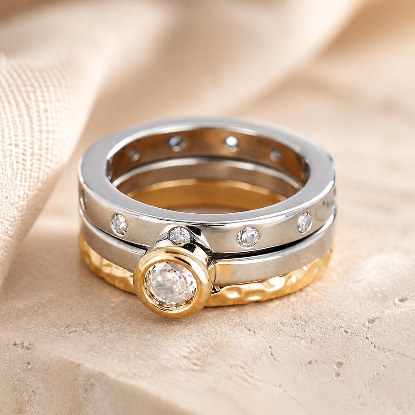 Round Cubic Zirconia Two-Tone Stacking Ring Set with Bezel Setting
