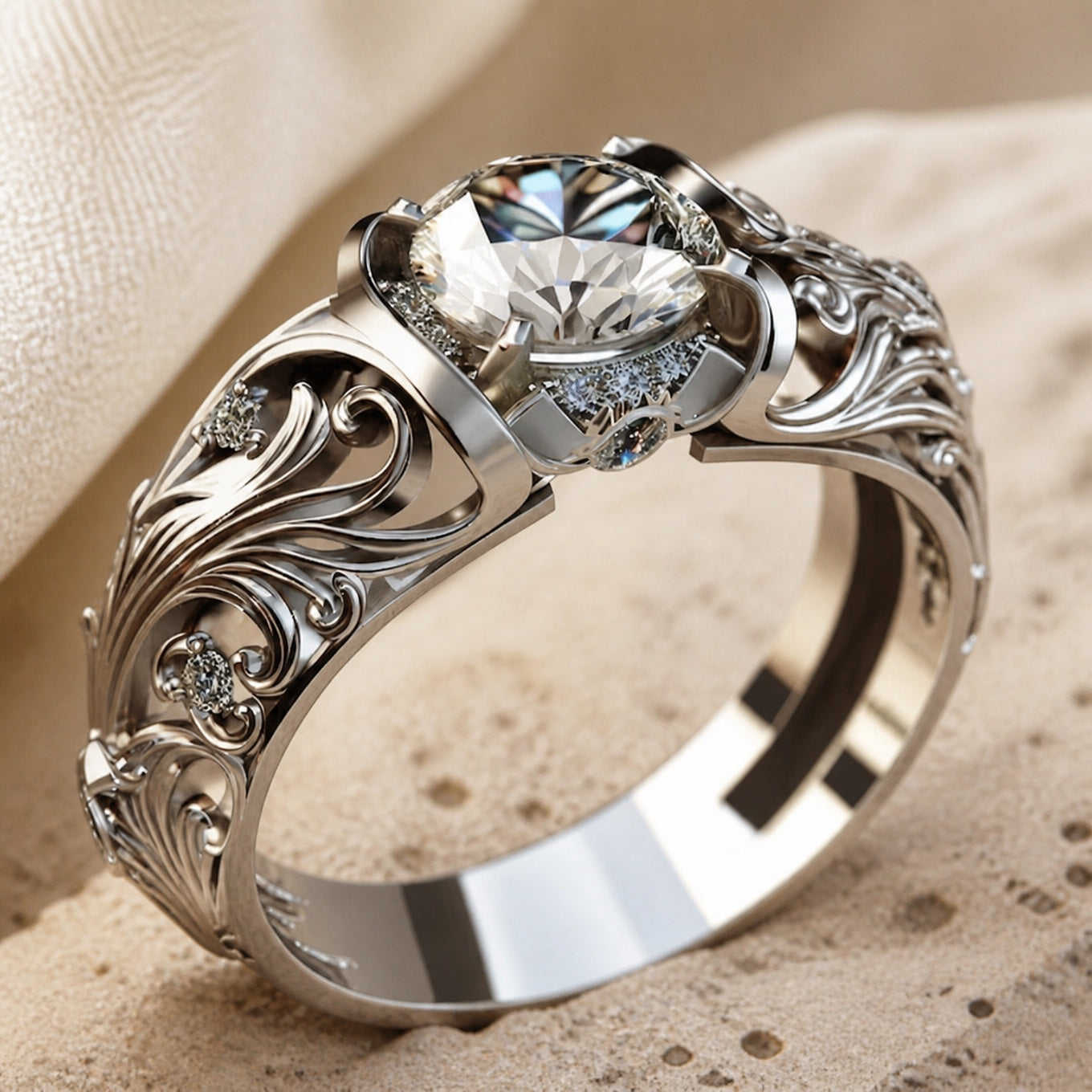 Round Cubic Zirconia Ring with Vintage Filigree Detailing