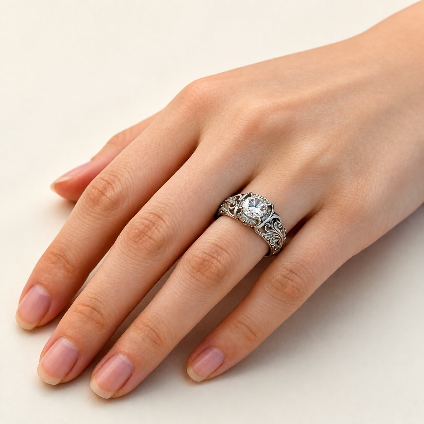 Round Cubic Zirconia Ring with Vintage Filigree Detailing