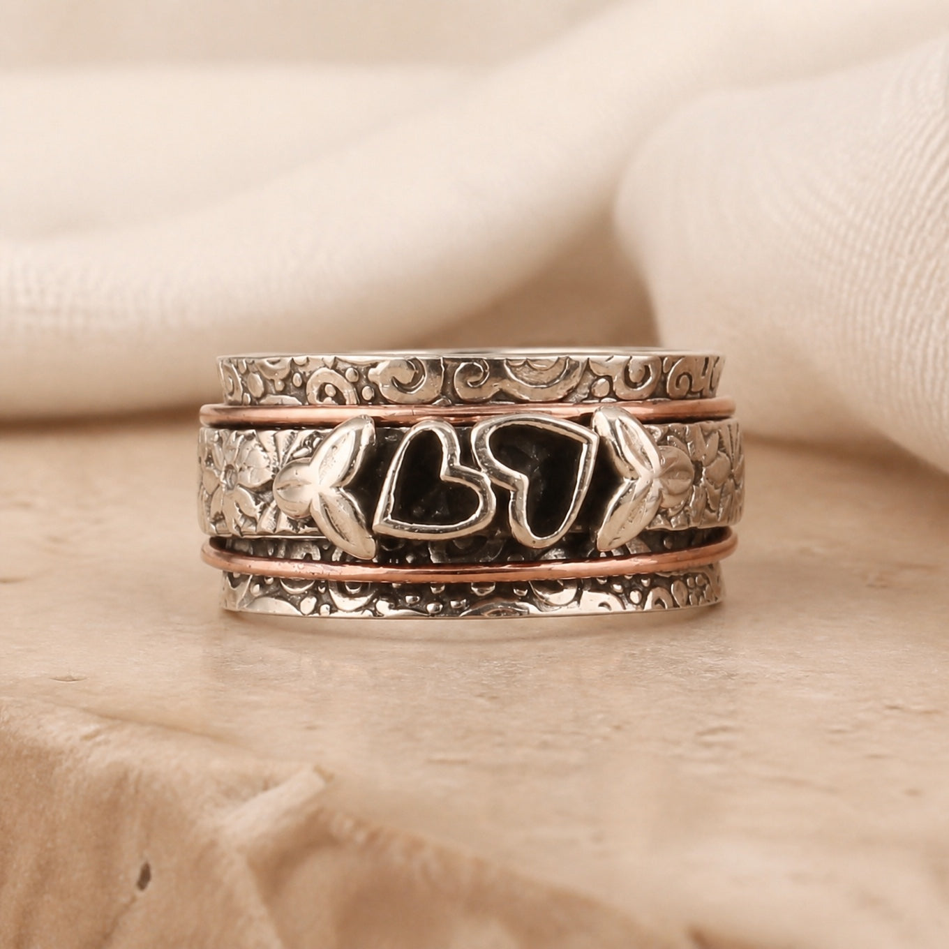 Heart Motif Stacked Ring with Floral Filigree in Silver Tone