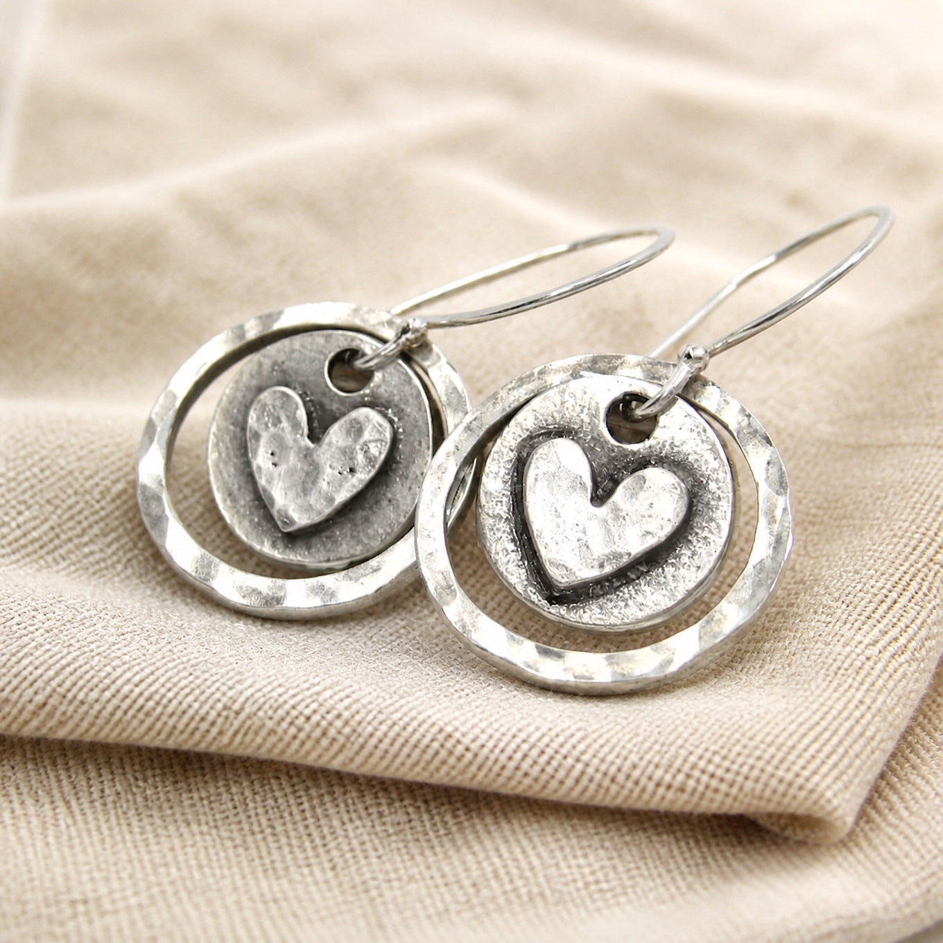 Layered Heart Charm Drop Earrings with Hammered Silver-Tone Discs