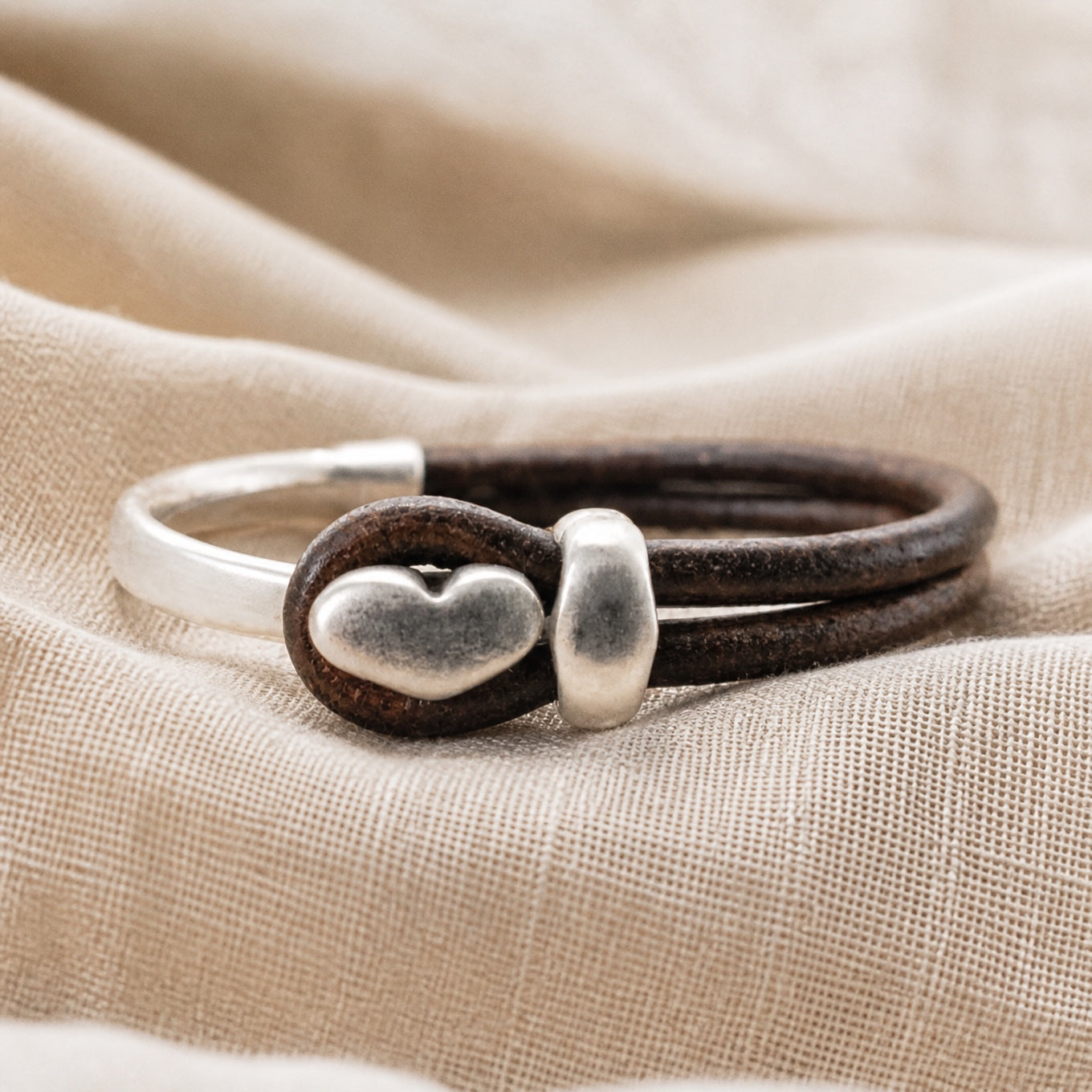 Heart Charm Brown Leather Wrap Bracelet with Silver-Tone Accent