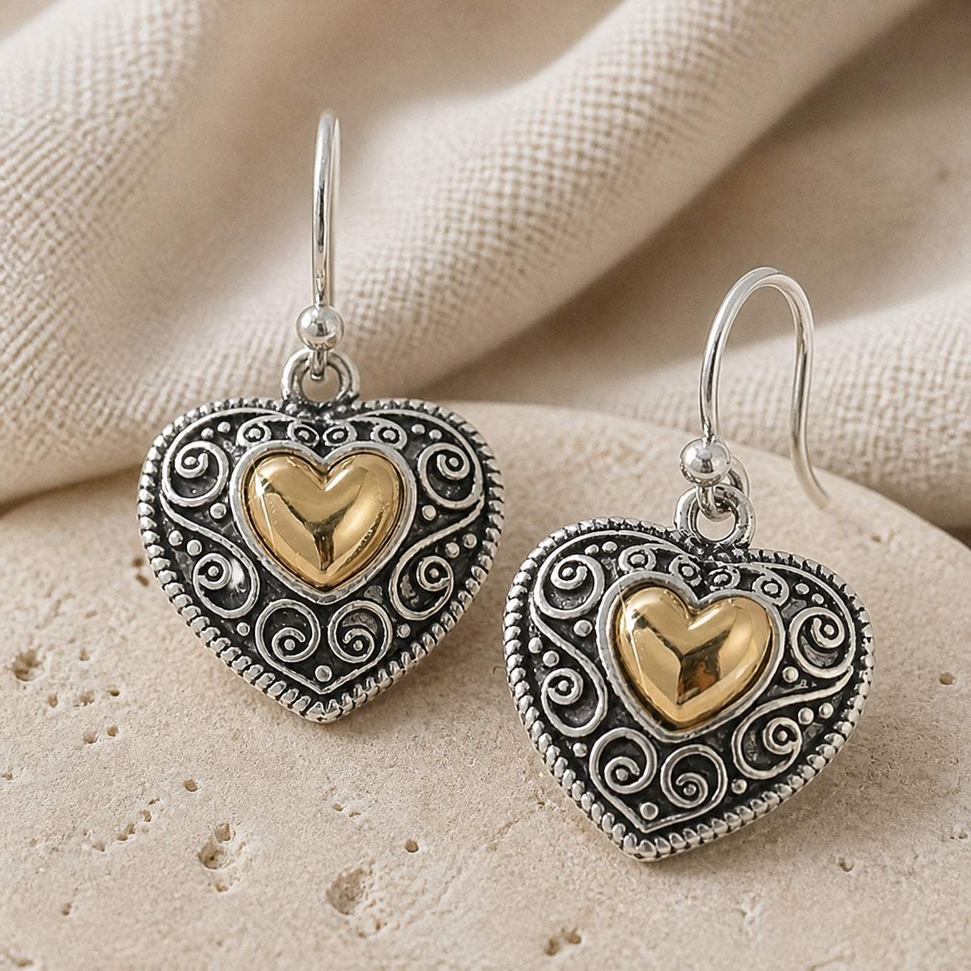 Heart Drop Earrings with Filigree Scrollwork and Gold-Tone Accent