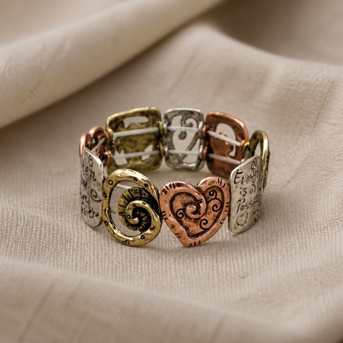 Spiral Link Mixed Metal Stretch Bracelet with Letter Detail