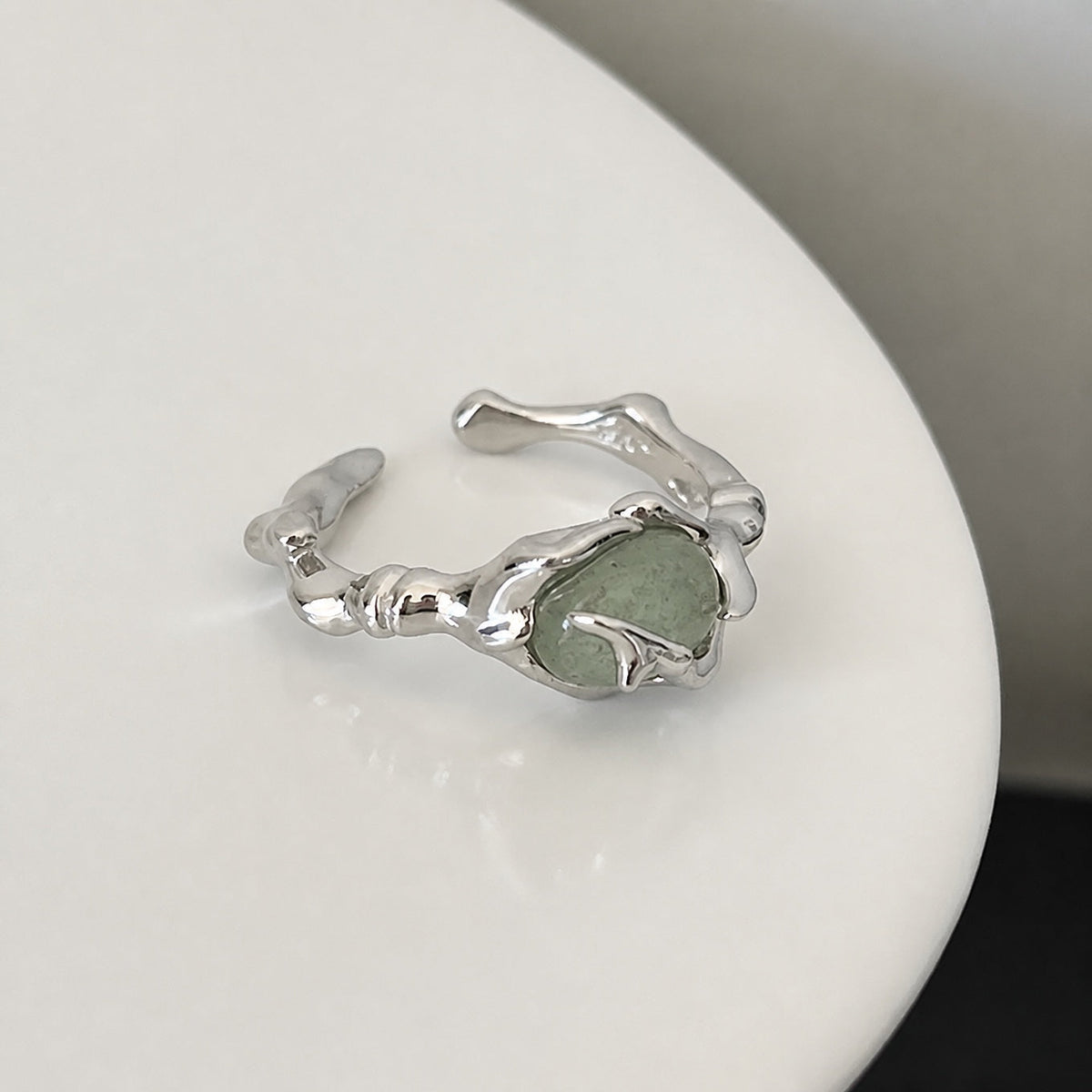 Irregular Jade Ring with Silver-Tone Open Band — main image