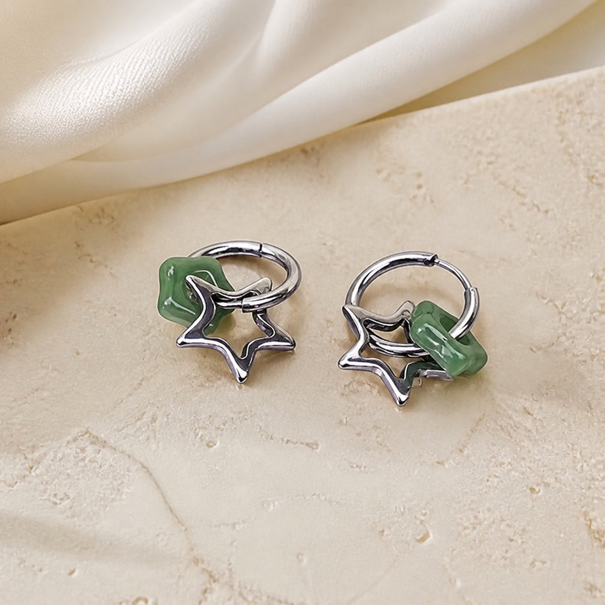 Green Jade Star Hoop Earrings in Silver Tone — main image