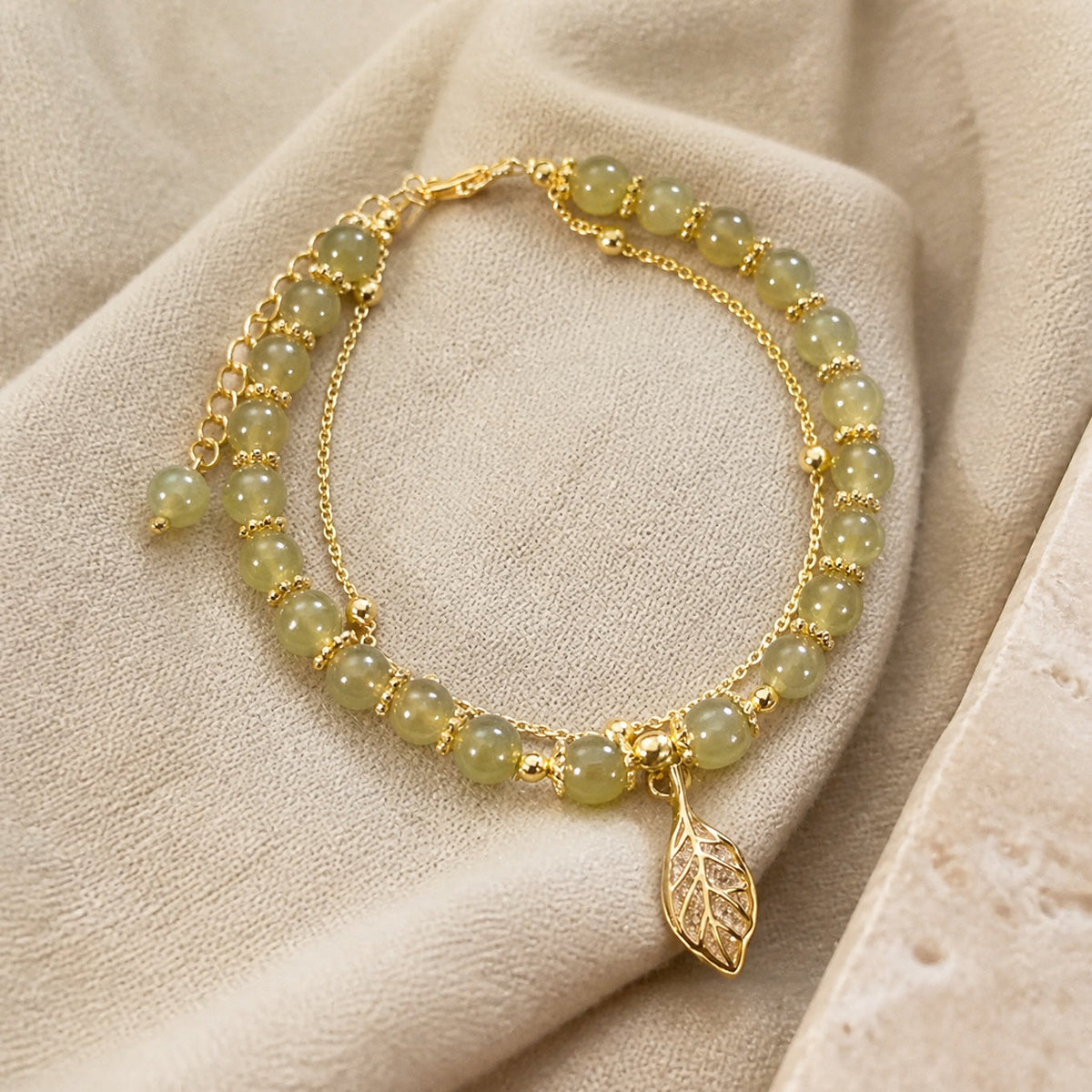 Jade Beaded Bracelet with Filigree Leaf Charm, Double-Layer Design — main image