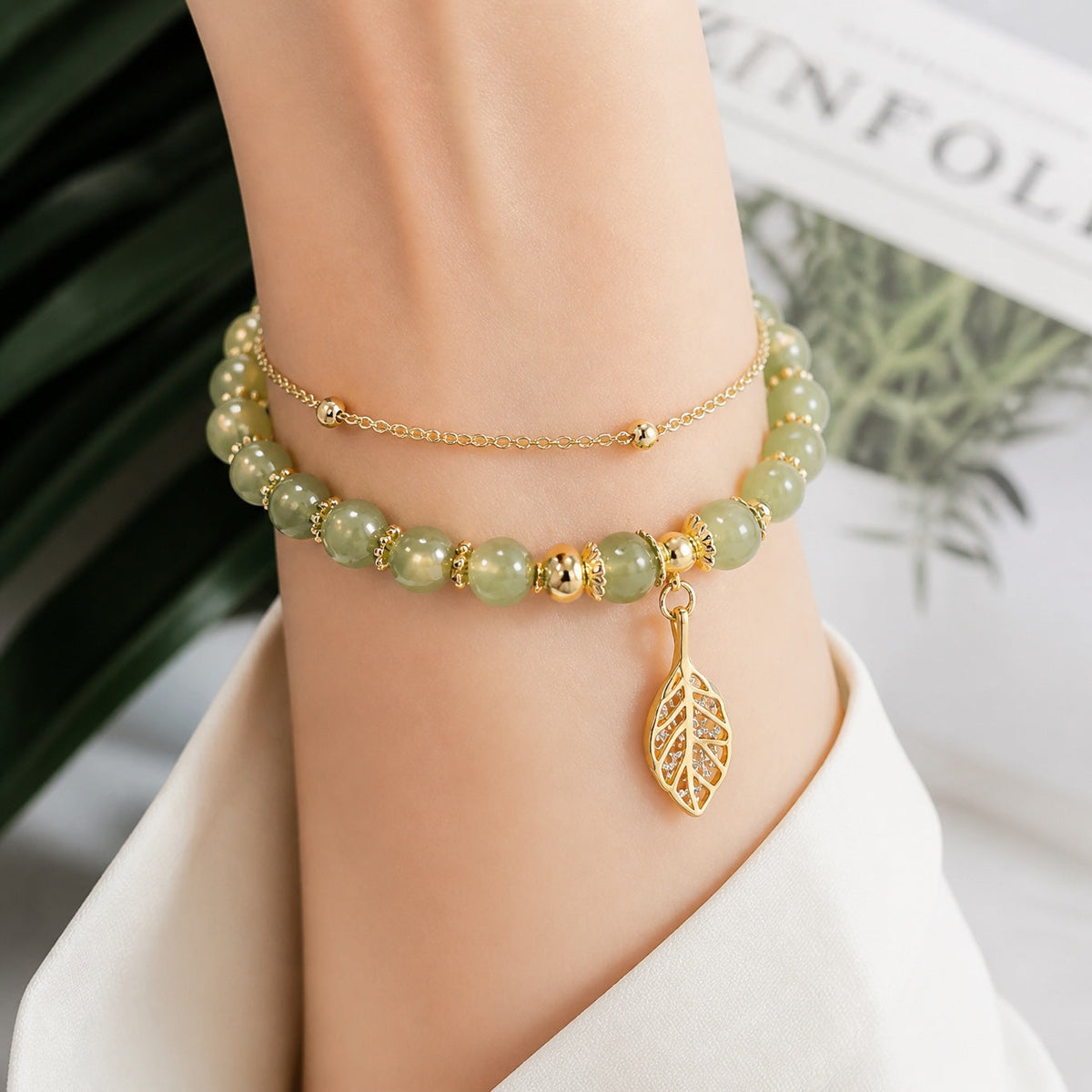 Jade Beaded Bracelet with Filigree Leaf Charm, Double-Layer Design — view 2