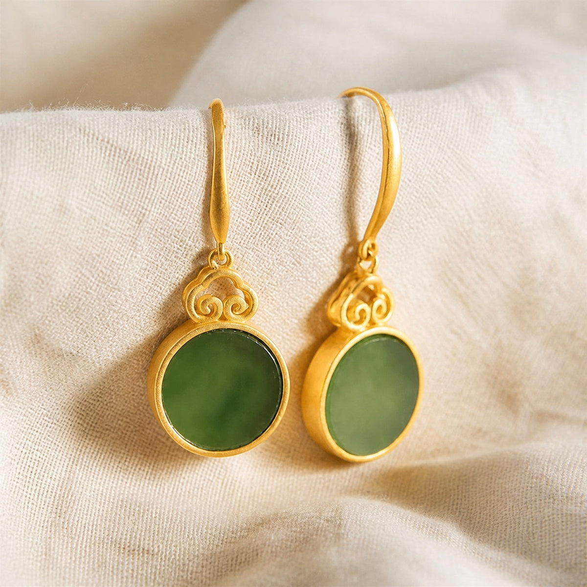 Round Jade Drop Earrings with Gold-Tone Scrollwork Cap — main image