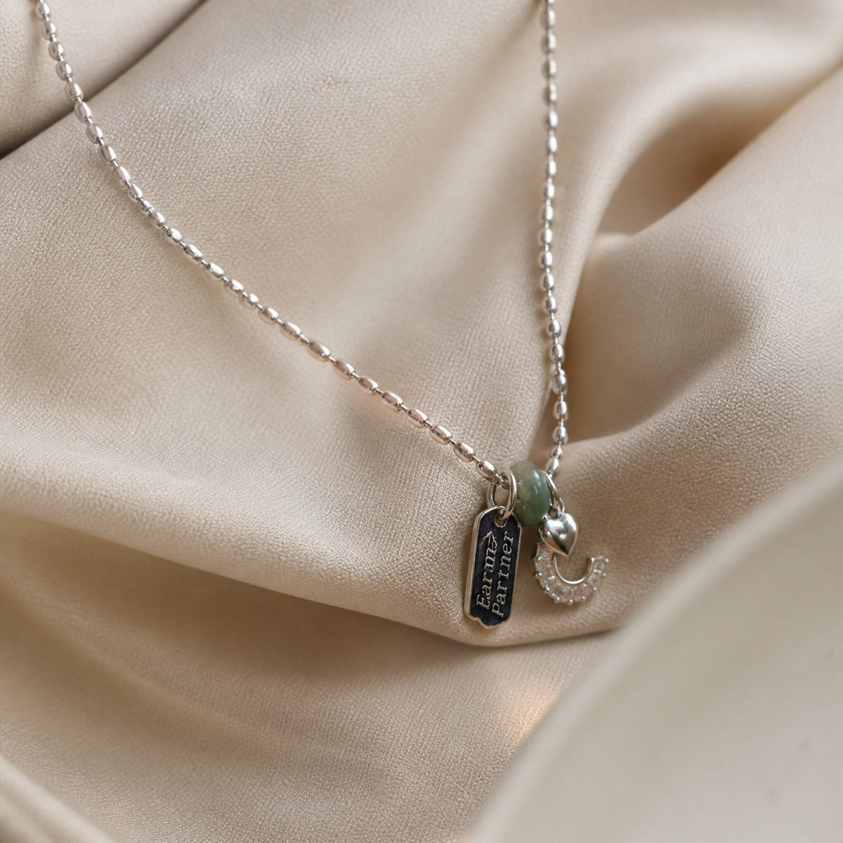 Heart Charm Zircon Pendant Necklace with Engraved Tag and Jade Bead Accent — main image