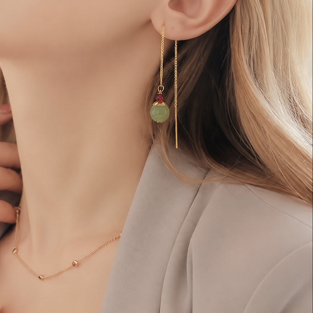 Jade Drop Threader Earrings with Red Accent Stones in Gold-Tone Metal — view 2