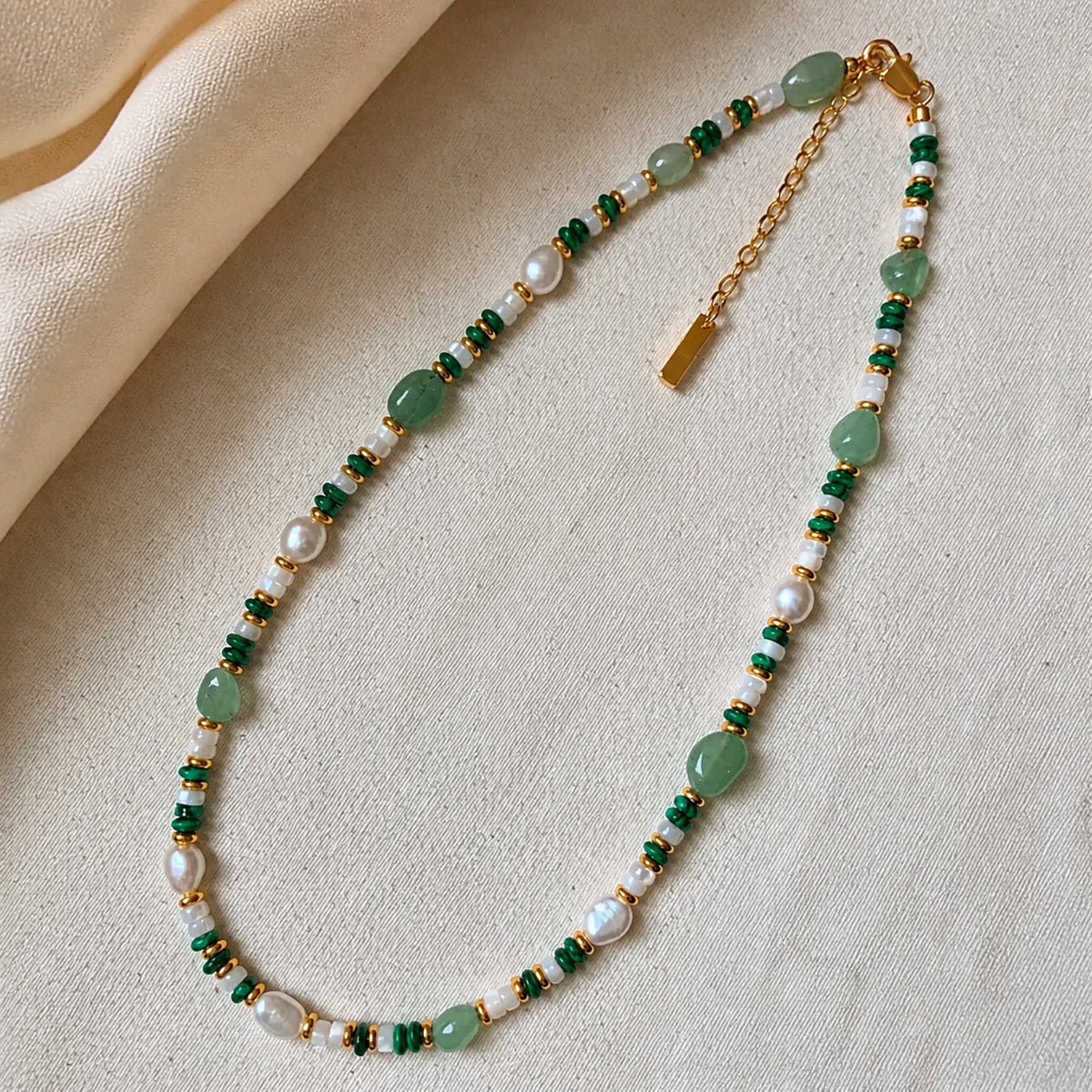 Jade and Pearl Beaded Necklace with Dark Green Stone Accents — main image