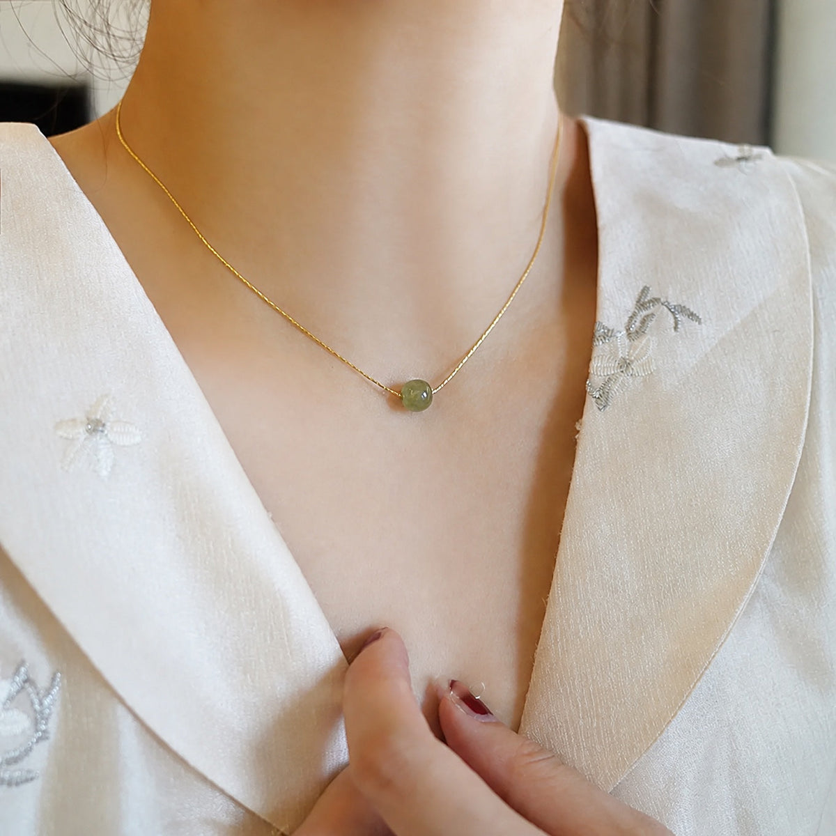 Oval Jade Bead Pendant Necklace with Gold-Tone Chain — view 2