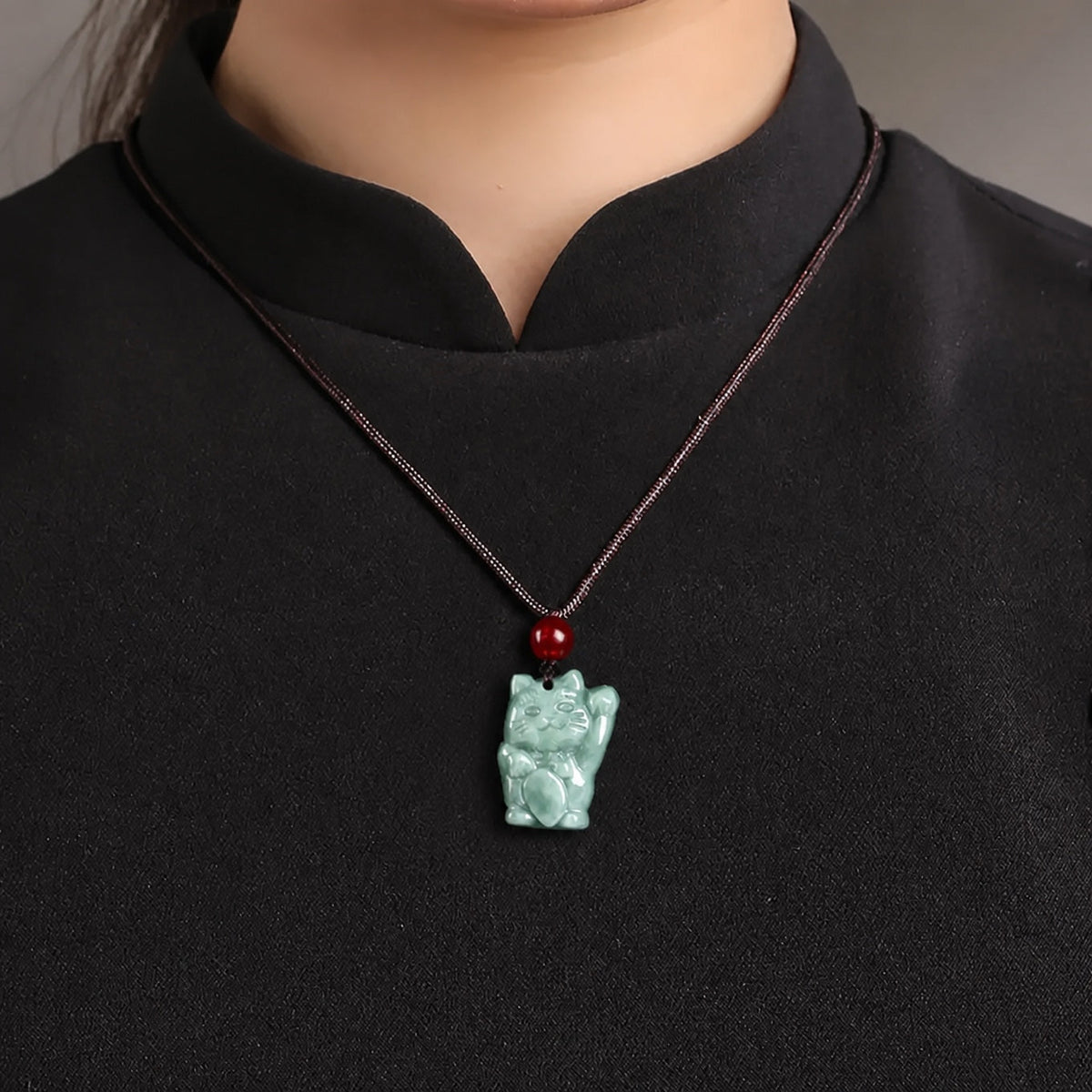 Maneki-Neko Lucky Cat Jade Pendant Necklace with Red Accent Bead — view 2