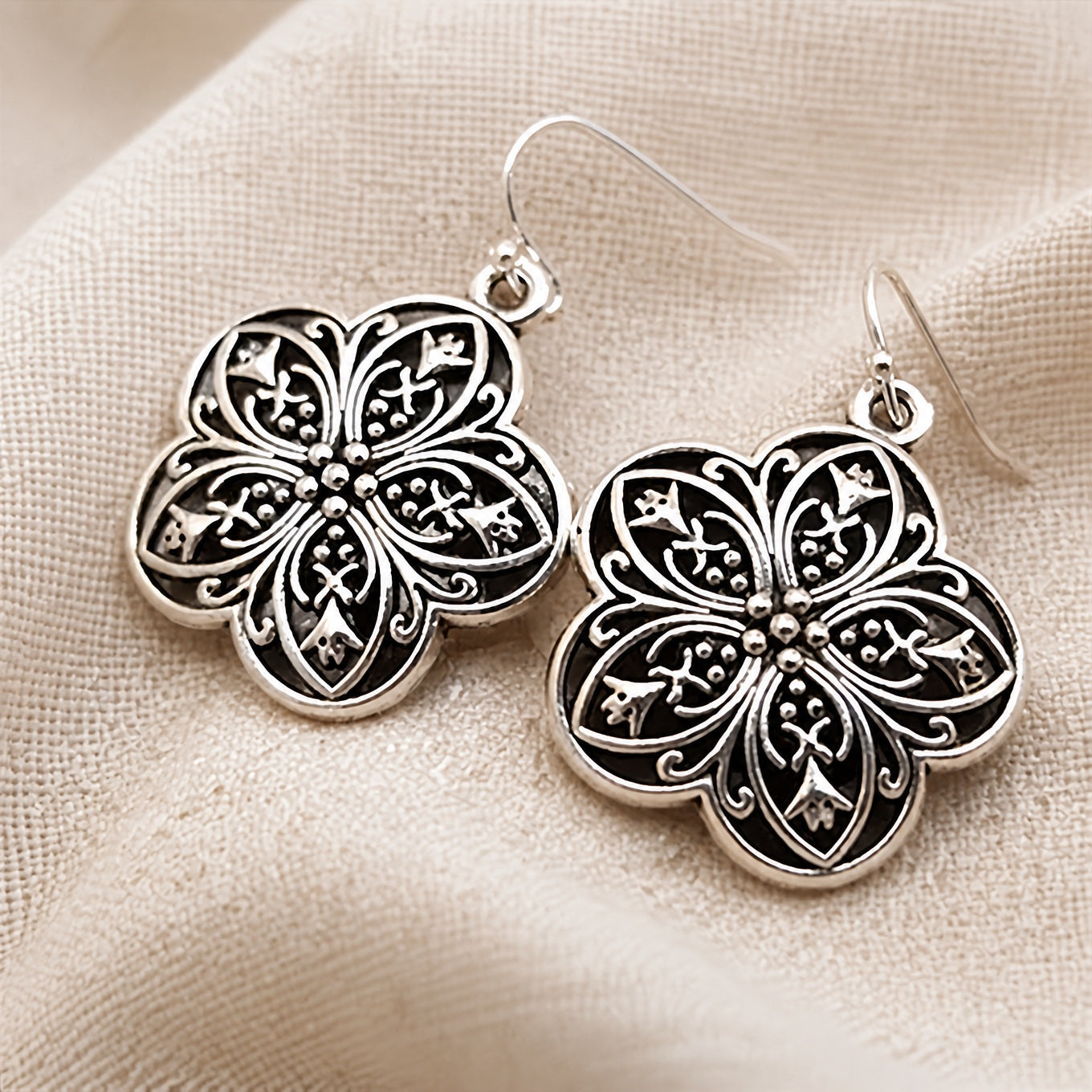 Four-Petal Flower Drop Earrings with Antique Silver Filigree Detail