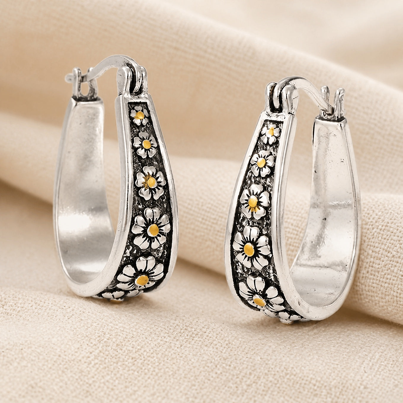 Daisy Floral Hoop Earrings with Black Enamel and Gold Accents