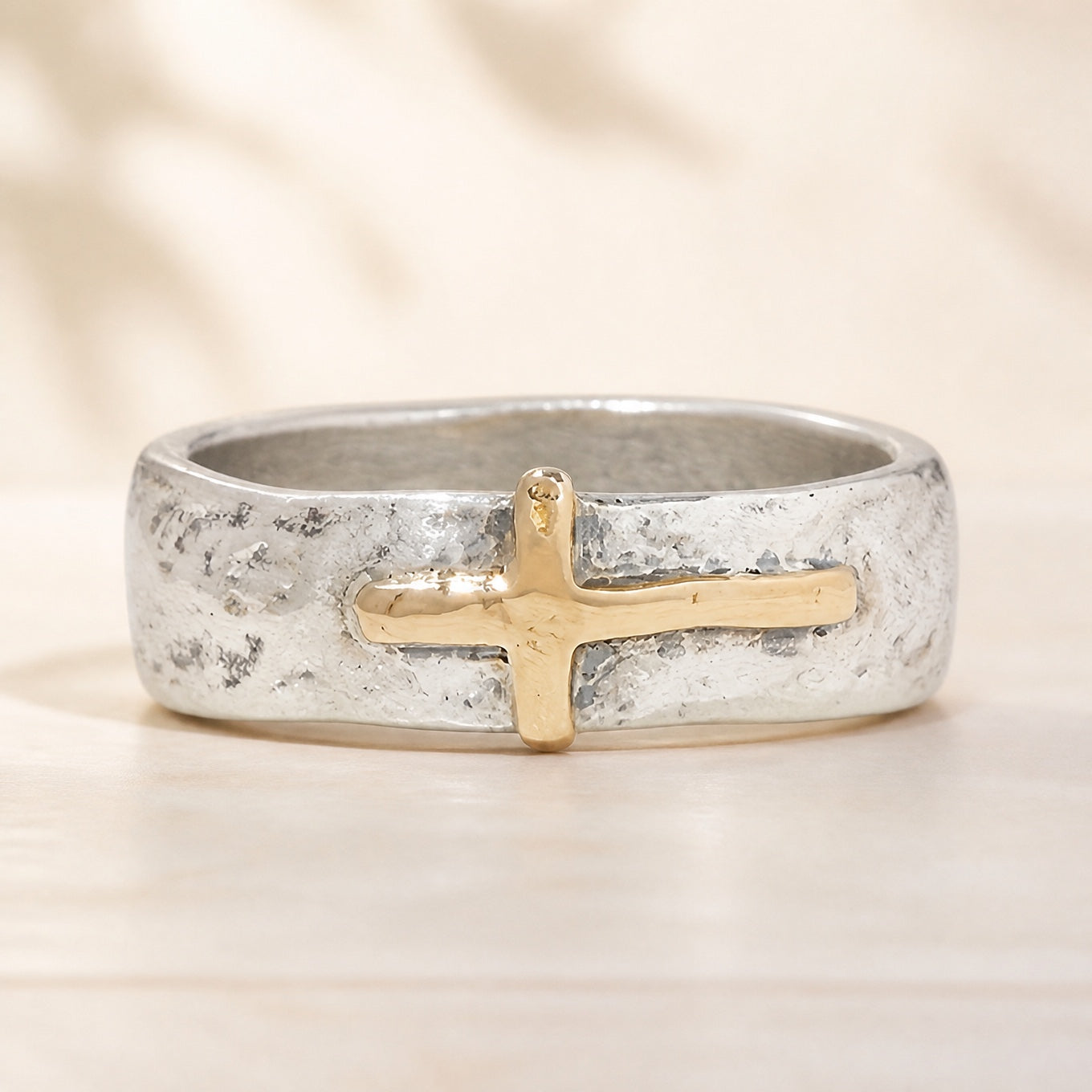 Boho Cross Ring with Textured Silver Band and Gold-Tone Detail